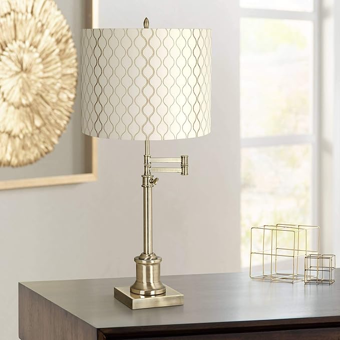 360 Lighting Westbury Swing Arm Desk Table Lamp Adjustable 36" Tall Antique Brass Off White Embroidered Hourglass Fabric Drum Shade for Living Room Bedroom Bedside Nightstand Office