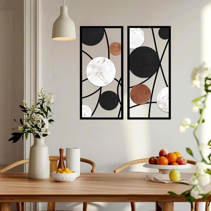 ruelen 2 Pieces Metal Wall Art，Abstract Geometric Circle Decor with Marble Texture, Modern Minimalist Black White Brown Wall Sculpture for Living Room，Bedroom，Office