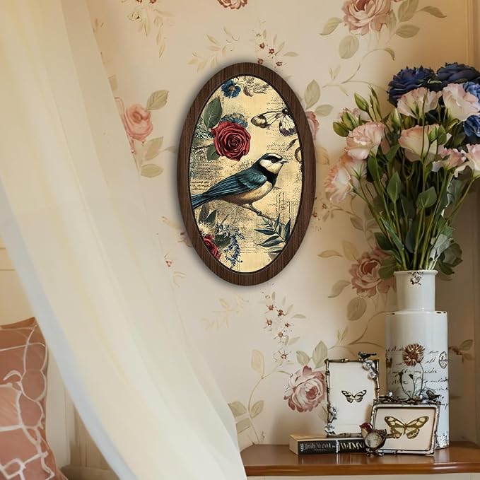 UYIKG Vintage Rustic Farmhouse Oval Framed Wall Art Decor,Floral Bird Cottage Core Vintage Wall Decor for Theme Room Home Bedroom Living Room Home Office 9x14.6 in