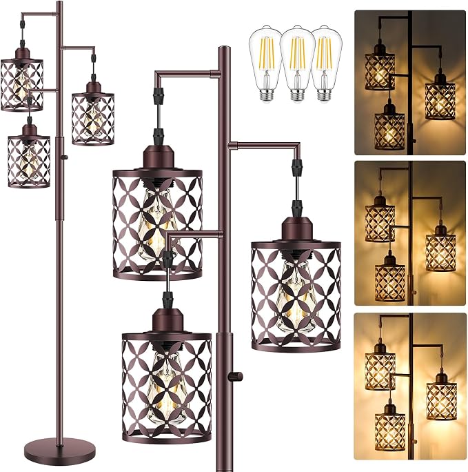 Dimmable Floor Lamp, Farmhouse Standing Lamp with Elegant Metal Cage, Industrial Tall Tree Floor Lamps for Living Room, Bedroom, Study Room, Office, 3 x 800LM LED Bulbs Included, 72", Brown