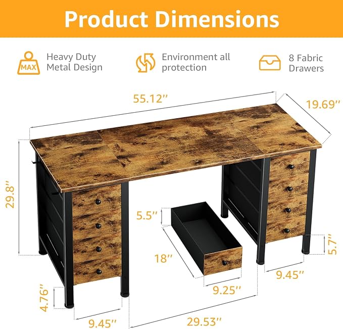 DLisiting Home Office Desk with Drawers for Storage - 55 inch Computer Desk with 8 Fabric Drawer, Writing Study Work Desks with Drawers on Both Sides for Bedroom