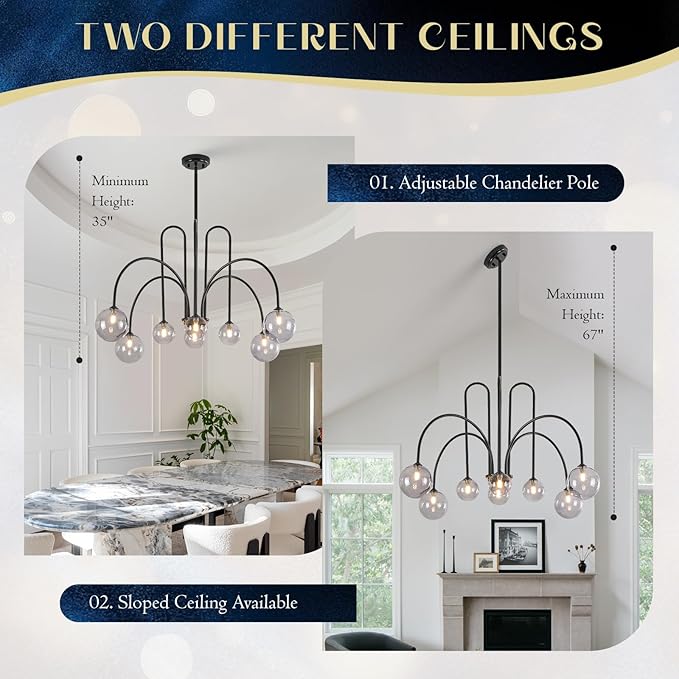8 Lights Modern Sputnik Chandelier Large Luxury L41” Black Mid Century Smoke Glass Globe Ceiling Pendant Lighting Contemporary for Foyer Staircase Living Dining Room Kitchen