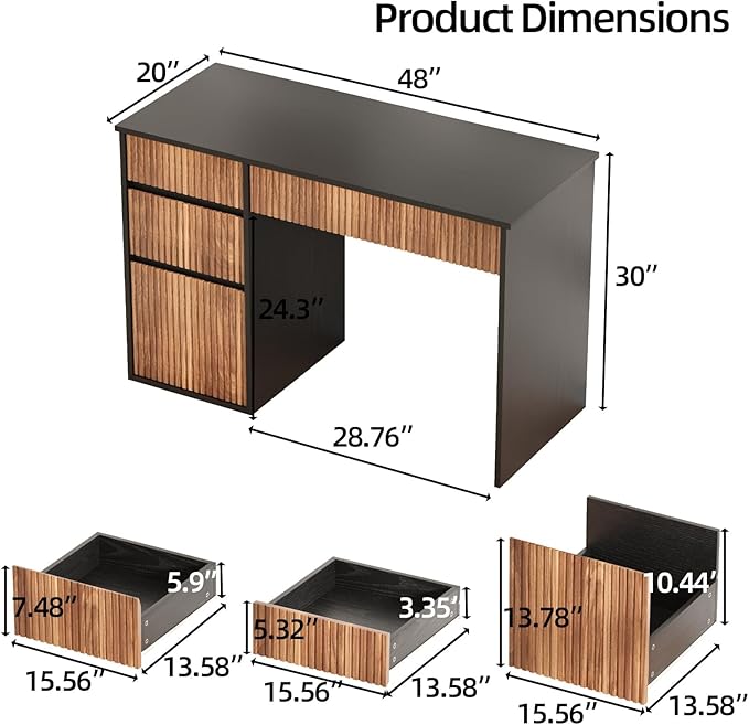 4 EVER WINNER Computer Desk with Drawers, 48 Inch Fluted Small Desk with Storage for Small Spaces, Wood Home Office Desk for Study, Living Room, Bedroom, Black