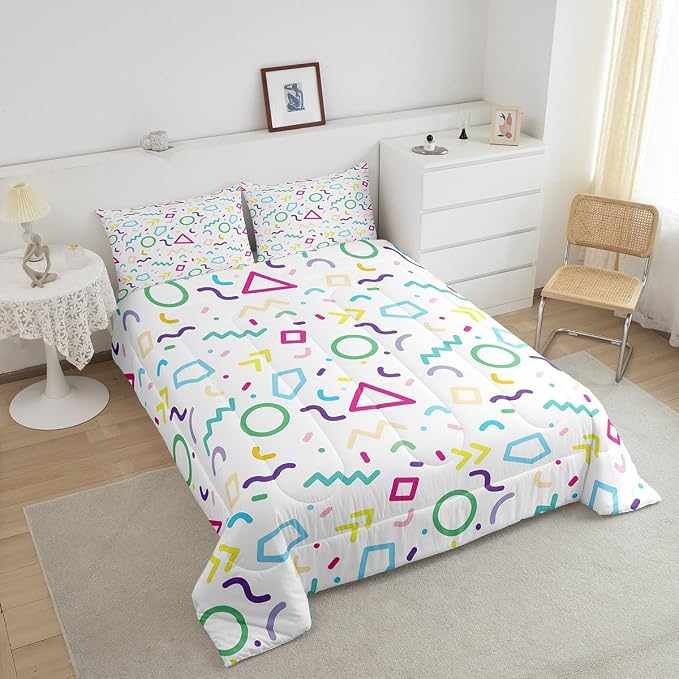 Manfei Memphis Comforter Set Full Size, Colorful Geometric Vintage Bedding Set 3pcs for Kids Boy Girls, Retro 80s or 90s Fashion Style Quilt Set Soft Polyester Duvet Set with 2 Pillowcases