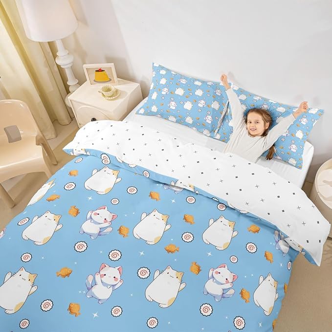 Erosebridal Cute Cat Duvet Cover King Kawaii Cats Kitten Bedding Set Pet Animals Cat Lovers Comforter Cover for Kids Girls Boys Adults Sushi Snacks Blue Bed Set