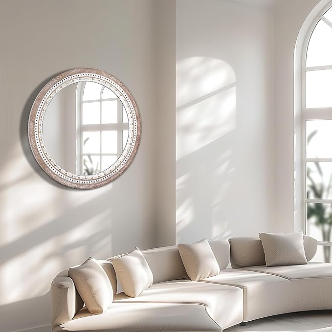 Reflinto 30 Inch Rustic Farmhouse Round Mirror for Wall Decor, | Boho Wood Frame Circle Decorative Mirrors for Bathroom Over Sink, Bedroom, Living Room, Entryway, Foyer