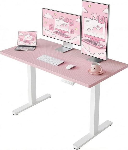 HUANUO Electric Standing Desk, 55" x 28" Height Adjustable Desk, 4 Memory Height Settings, Sit to Stand Up Desk for Home Office, with Headphone Hook, Cable Manager, Pink