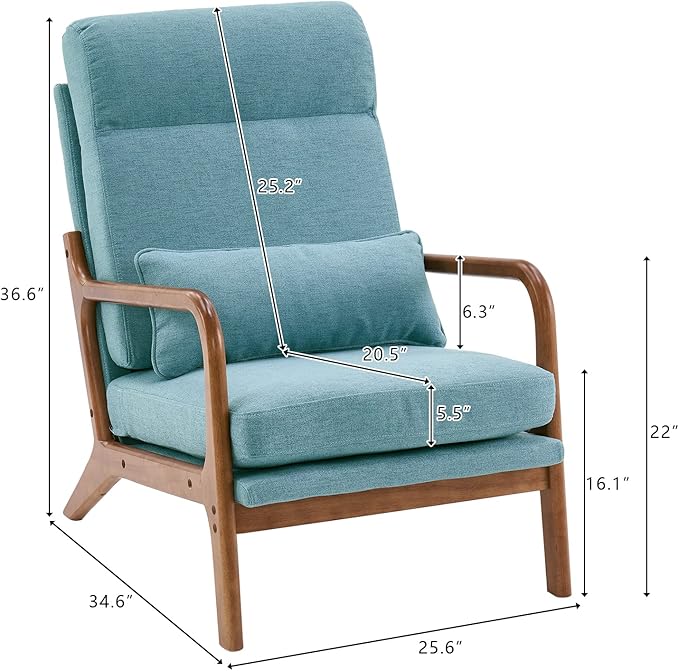 Karl home Accent Chair Mid-Century Modern Chair with Pillow High Back Linen Fabric Upholstered Lounge Arm Chair with Solid Wood Frame & Soft Cushion for Living Room, Bedroom, Balcony, Teal