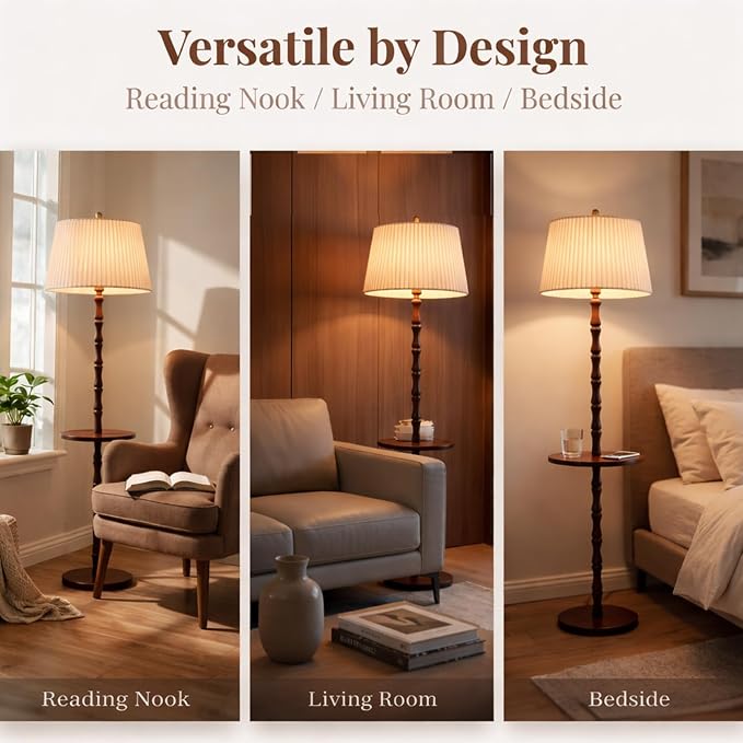Real Wood Floor Lamp with Built-in Tray, Remote Control, Adjustable Brightness & 3 Color Temperatures, Dimmable Standing Lamp for Living Room, Bedroom, and Office – Easy Setup(Dark Walnut)