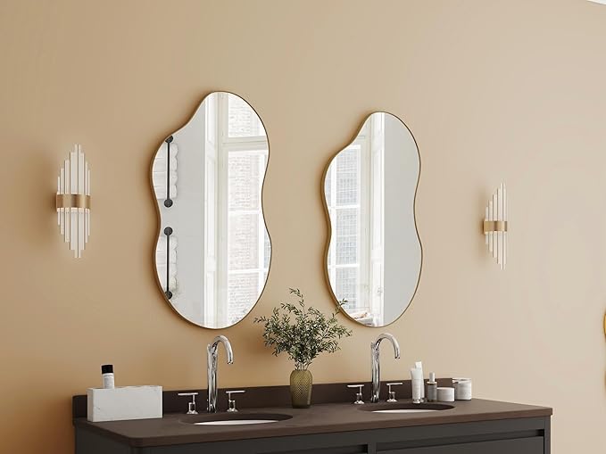 SHYFOY Irregular Wall Mirror Decorative, 20"x36" Antique-Gold Asymmetrical Mirror for Wall Decor Wavy Accent Mirrors for Living Room Bathroom Bedroom Entryway, Abstract Irregular Shape Curvy Mirror