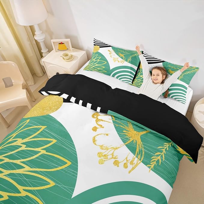 Erosebridal Turquoise Boho Modern Queen Comforter Cover for Women Men Adults - Mid Century Abstract Duvet Cover Bohemian Geometric Bed Set Chic Contemporary Stripes Bedding Set