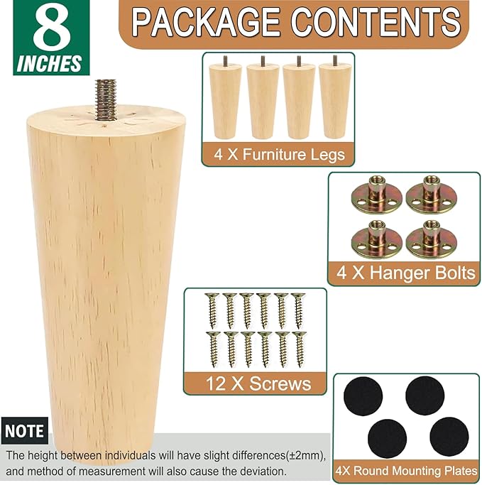 8 Inches Furniture Legs Round Solid Wood Sofa Legs Replacement Legs for Cabinet Vanity Couch Chair Dresser Pack of 4