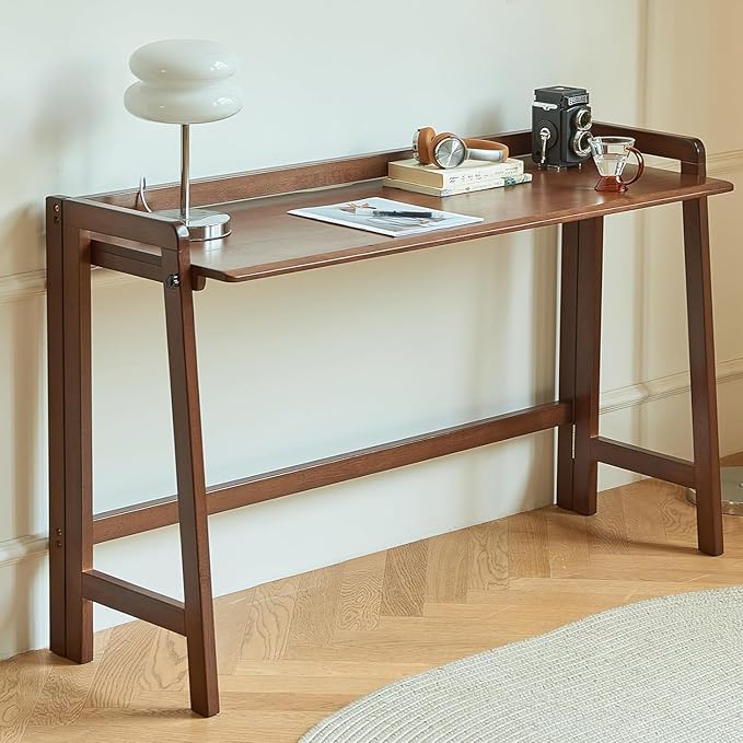 Solid Wood Folding Desk Mid Century Modern Table, 55'' Foldable Writing Computer Desk for Home Office, Simple Study Makeup Workstation, Wooden Study Office Desk Table for Small Spaces, Walnut Color