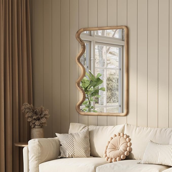ULIKE Wavy Mirror for Wall, Rustic Wood Mirror for Bathroom Vanity, 24x36 Wooden Wall Mirrors Decorative for Bedroom, Living Room, Entryway, Brown