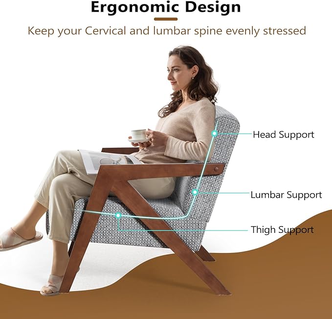 Bonzy Home Mid-Century Modern Accent Chair Set of 2 with Wood Frame, Upholstered Armchair for Bedroom & Living Room, Linen Fabric Cushion, Z-Shaped Armrest Design, Sturdy Lounge Chair