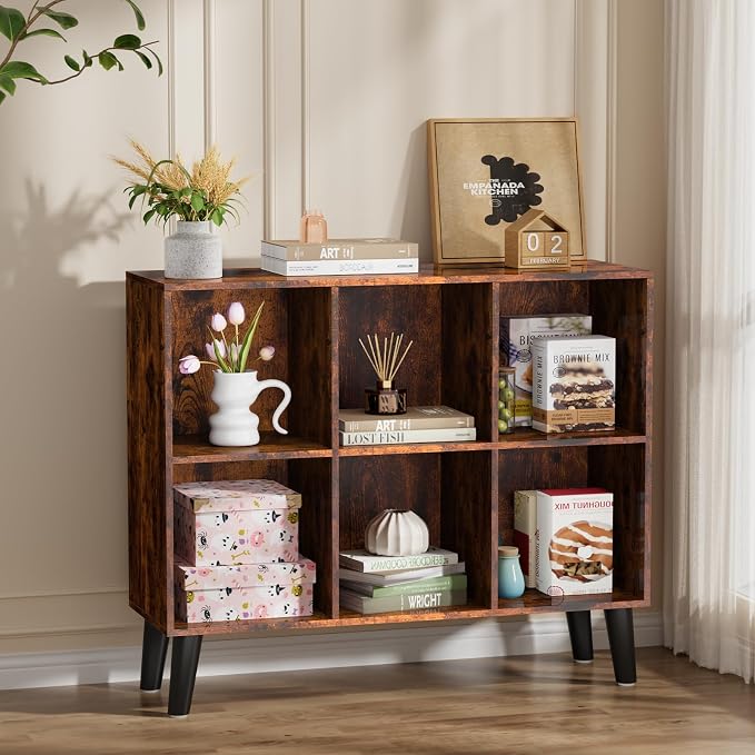 6 Cube Storage Organizer with Legs, 3 Tier Cube Low Bookcase Freestanding Storage Display Organizer for Home Office, Three-Cubes Open Shelf Bookshelf (Retro Brown, 6 Cube Horizontal)