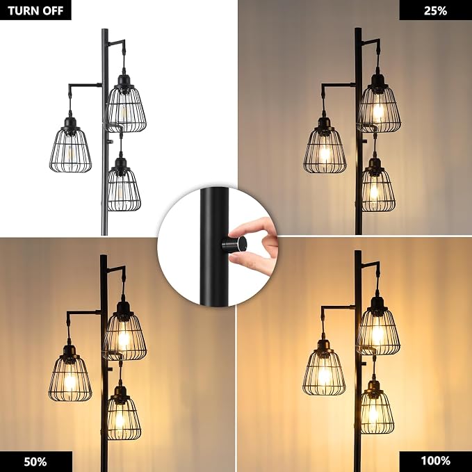 9MMML 68” Living Room Floor Lamp, Industrial Farmhouse 3 Teardrop Cage Standing Lamp,Black Tall Floor Lamp for Bedroom Office, 3 LED Edison Bulbs Included
