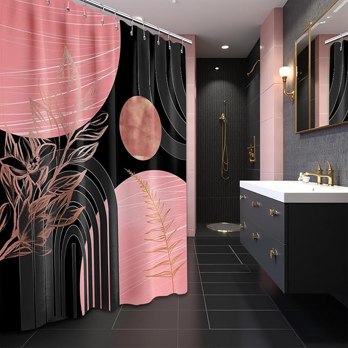 Black and Pink Shower Curtain Boho Mid Century Dark Pink and Gray Shower Curtains for Bathroom Decor, Waterproof Cloth Fabric with Hooks, 70" W x 72" L