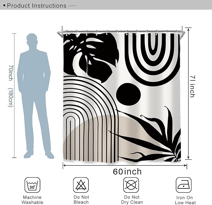 Miyotaa Minimalist Abstract Mid Century Shower Curtain Set 60Wx71H Inches Neutral Modern Geometric Aesthetic Contemporary Plant Polyester Waterproof Cloth Bathroom Curtain with 12 Hooks