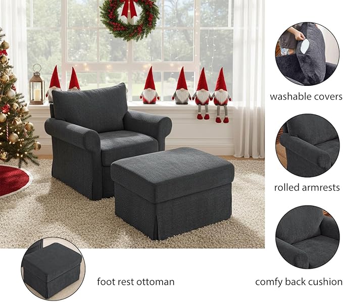 35.8" Chenille Accent Chair with Ottoman Set, Comfy Upholstered Armchair with Rolled Arms, Modern Single Reading Chair for Living Room, Bedroom, Apartment, Grey