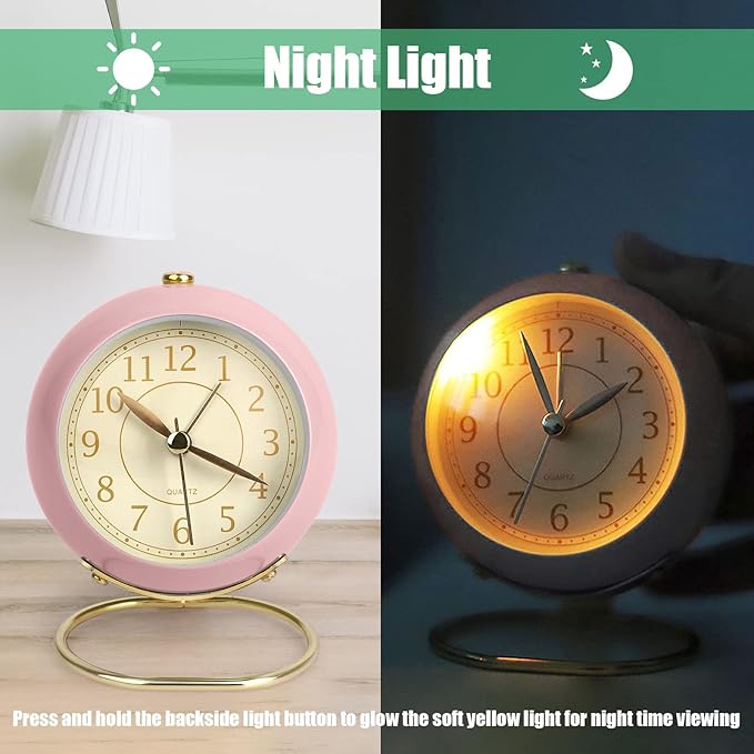 SHISEDECO Small Tableclocks Classic Non-Ticking Tabletop Alarm Clock with Backlight, Battery Operated Astronaut Deskclock with HD Glass for Living Room Bedroom Bedside Indoor Decor (Pink)