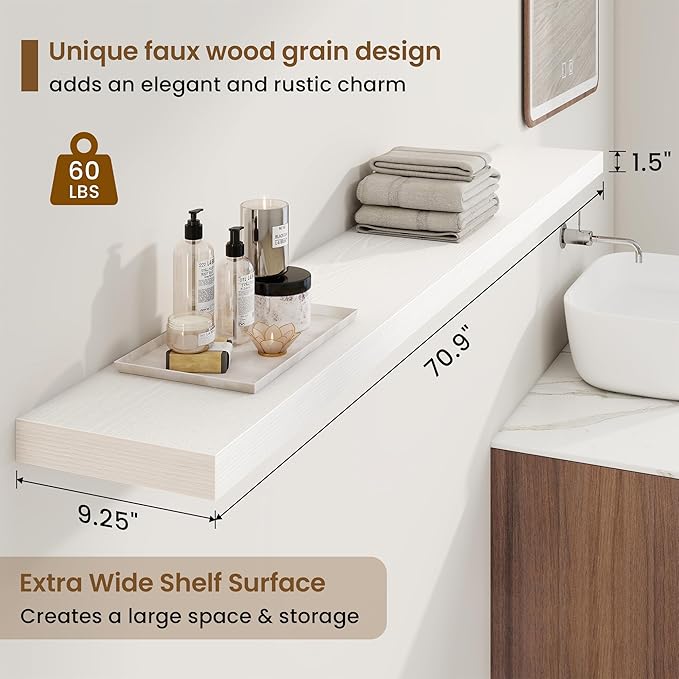 72in Floating Shelves for Wall, 72"W x 9.25"D x 1.5"H, Long Wall Mounted Engineered Wood Shelves with Invisible Brackets for Living Room, Bedroom, Bathroom, Kitchen Decor and Storage, White