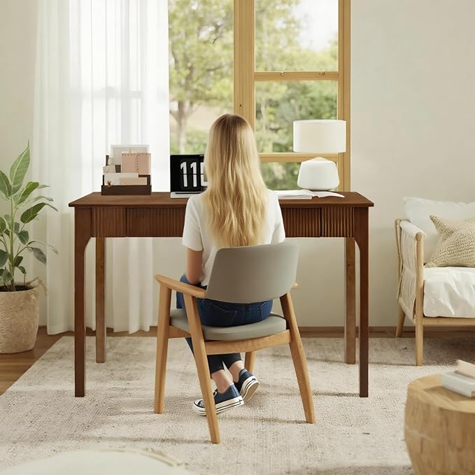 47.2'' Solid Wood Desk with 2 Drawers, Mid Century Modern Home Writing Office Wooden Desk ,Vintage Computer Table with Storage for Living Room, Bedroom, Fluted Design Brown (Walnut, 47.2 Inch)