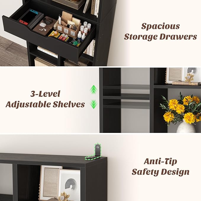 Armocity 16-Tier Tall Bookshelf Set of 2, 73.6" Narrow Freestanding Bookcase with 2 Drawers, Space-Saving Wood Display Shelves Storage for Living Room, Home Office Bedroom, Black