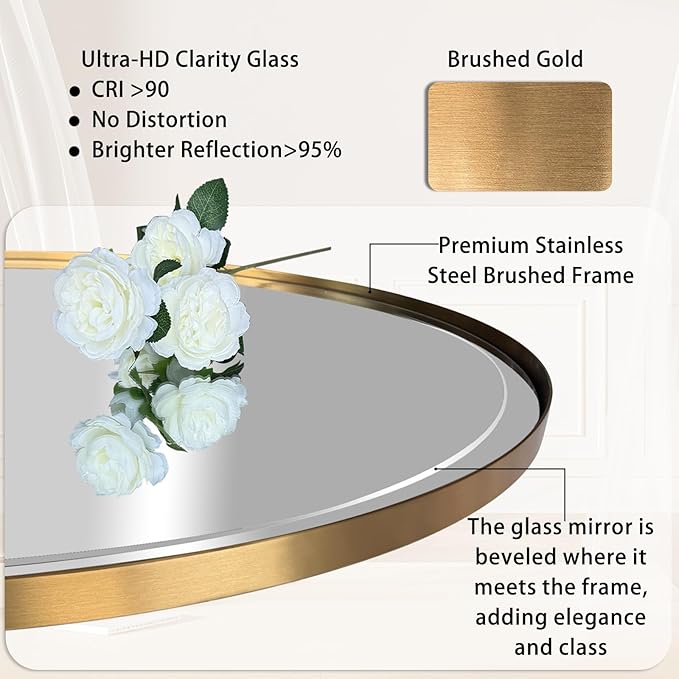 POZINO Gold Oval Mirror, Brass Beveled Mirror with Stainless Steel Frame, 28"x48" Large Rounded Rectangle Mirrors for Over Sink, Modern Oblong Vanity Wall Mirrors for Bathroom Bedroom Living Room