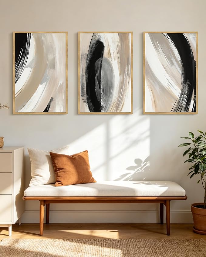 KUVIOKE Modern Abstract Framed Wall Art Black Neutral Minimalist Ink and Wash Graffiti Pastel Wall Decor for Bedroom Living Room 24x36in (Natural Framed)
