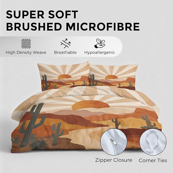 Boho Sun Duvet Cover California King Size, Mid Century Bedding Set 3 pcs with 2 Pillow Covers, Retro 70s Bedroom Decor, Soft Microfiber Reversible, Zipper & Ties KJJT 81