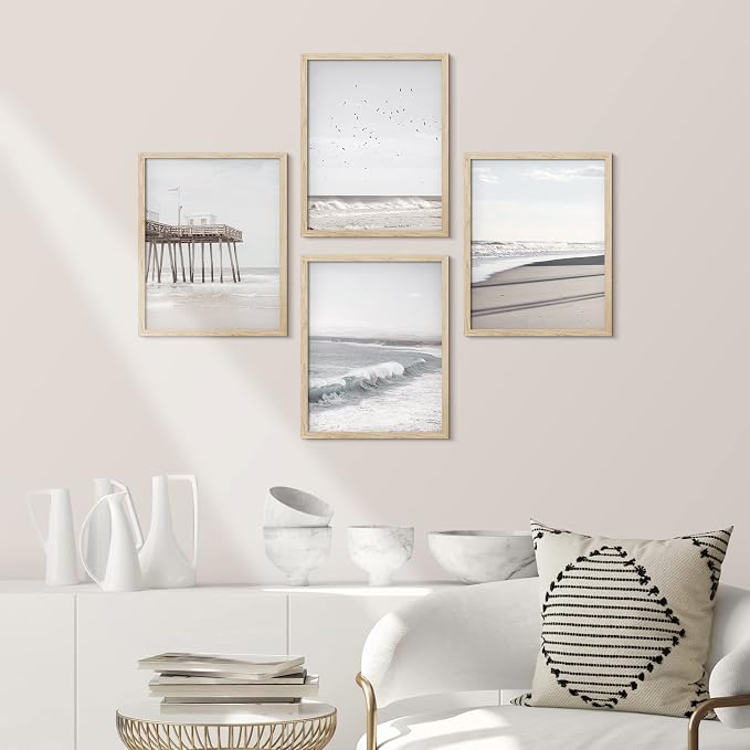 SIGNWIN Framed White Minimalist California Ocean Beach Seashore Pier Wall Art, Set of 4 Landscape Colorful Wall Decor Prints, Nature Wilderness Wall Décor for Living Room, Bedroom - 12"x16" Natural