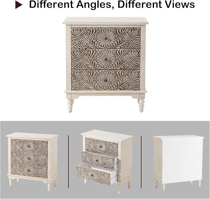 HOMPUS Nightstands Set of 2, White Nightstand with 3 Storage Drawers, Night Stand w Flower Pattern, Bedside Table Set of 2, Accent Table for Bedroom, Apartment, Light Grey Grain