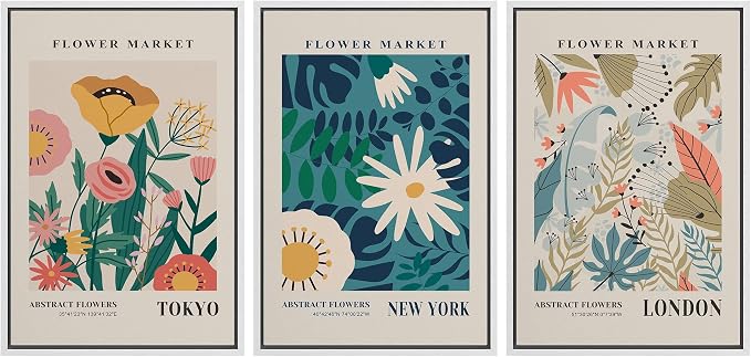 wall26 Framed Canvas Print Wall Art Set Colorful Flower Market Exhibition Prints Nature Wilderness Illustrations Modern Art Decorative Floral Botanical Minimal Calm for Bedroom - 24"x36"x3 White