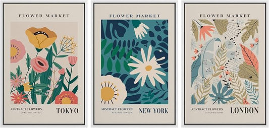wall26 Framed Canvas Print Wall Art Set Colorful Flower Market Exhibition Prints Nature Wilderness Illustrations Modern Art Decorative Floral Botanical Minimal Calm for Bedroom - 24"x36"x3 White