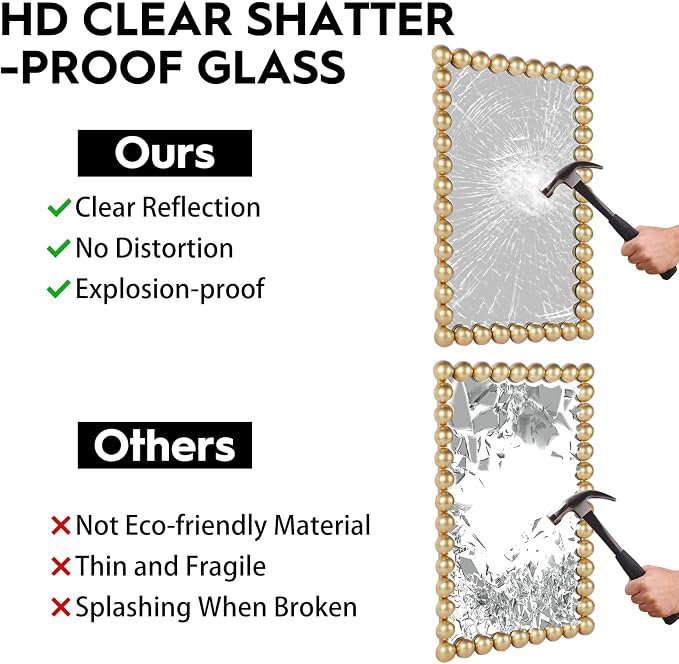 Decorative Beaded Wall Mirror – Modern Rectangular Accent Mirror, 20″x30″, for Living Room, Bedroom, Bathroom, Entryway & Office – Available in Gold, Black, & White (Gold)
