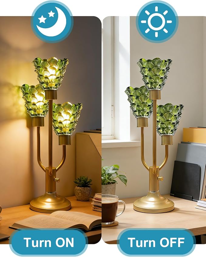 Lightdot Mid Century Modern Table Lamp for Bedroom Dimmable Nightstand Lamp Gold Vintage Desk Lamp Green Glass 3 Bulbs Included Warmwhite Ambient Bedside Lamp for Living Room Home Office Decor Gift