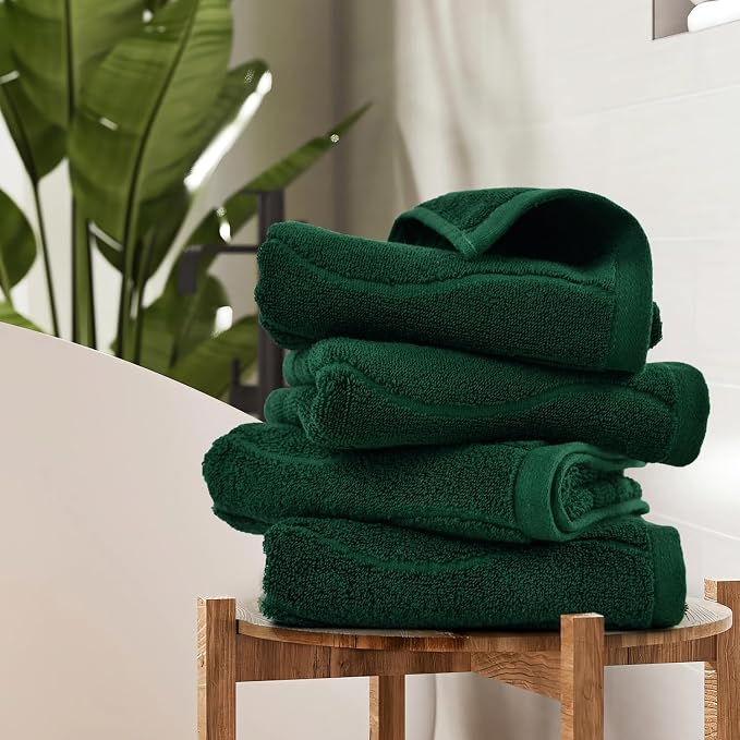 Jacquotha 4-Piece Hand Towels Set in Forest Green, Wavy Striped Jacquard Towels for Bathroom Kitchen Decor (13x29 Inches, 100% Cotton)