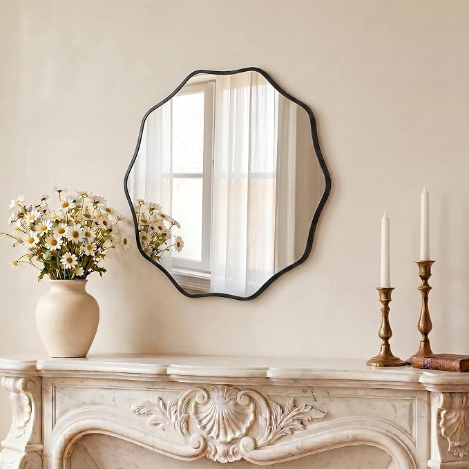 PERFNIQUE Black Scalloped Mirror, 20'' Round Wall Mirrors Wavy Wood Framed for Bathroom Nursery Bedroom Living Room Entryway, Decorative Modern Wall Decor