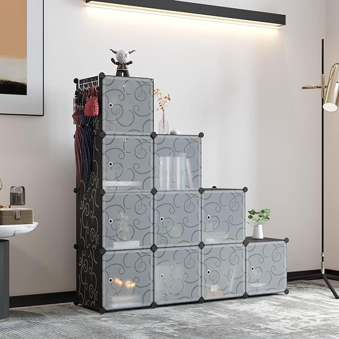 C&AHOME Cube Storage Organizer with Doors, 12-Cube Shelves, Closet Cabinet, DIY Plastic Modular Bookshelf Ideal for Bedroom, Living Room, 36.6”L x 12.4”W x 48.4”H Black USHS3012B-DOOR