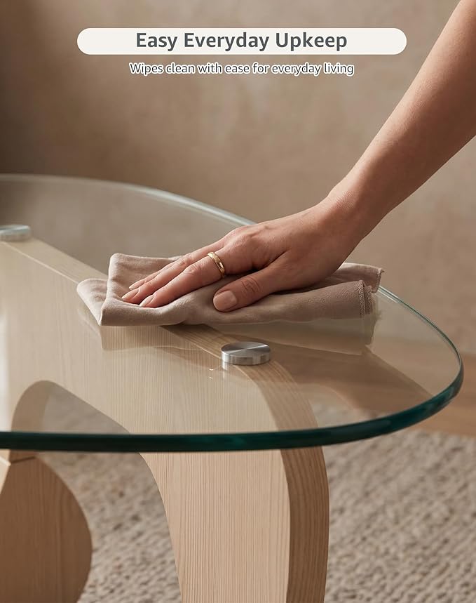 Glass Coffee Table for Living Room, 35.82" Small Triangle Coffee Table with Clear Glass Top and Sculptural MDF Wood Base, Mid Century Modern Center Table for Apartment, Sofa, Small Space