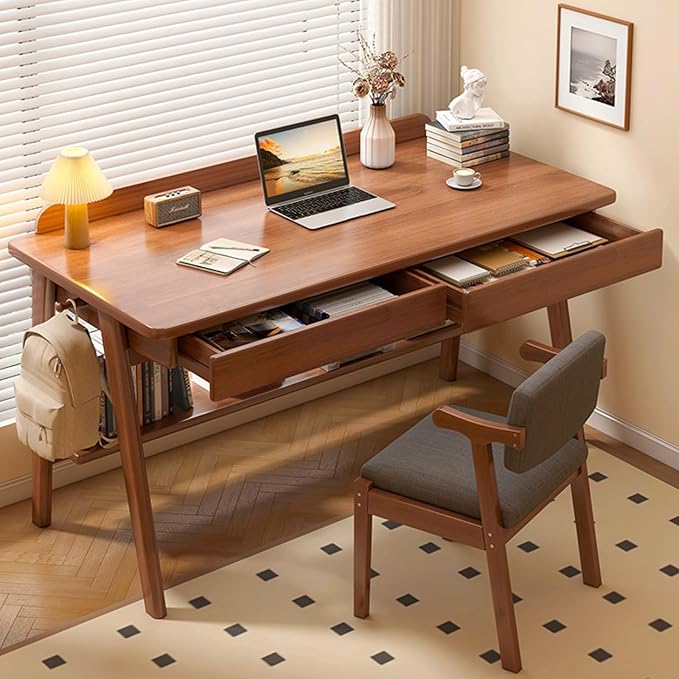 Mid-Century Writing Desk with 2 Storage Drawers, Home Office Computer Desk Writing Study Desk Mid-Century Modern Walnut Desk(47 Inch, Walnut)