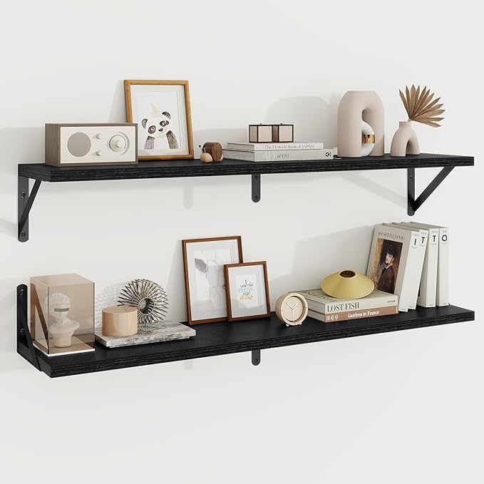 Floating Shelves, 8 Inch Deep Rustic Wood Wall Storage, 36W x 8D Wall Shelves Set of 2, Heavy Duty Metal Brackets, Industrial Book Shelf for Living Room, Kitchen, Bathroom, Bedroom, Black