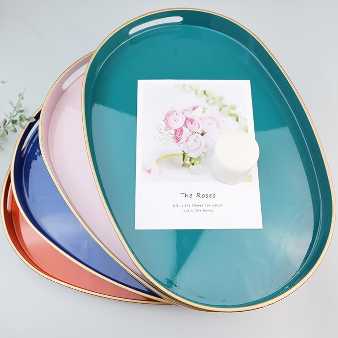 Gold Oval Decorative Tray with Handles, Versatile Serving Tray for Coffee Table, Ottoman, Ideal for Serving, Displaying, Organizing, 15.3"*10.6"*1.37"