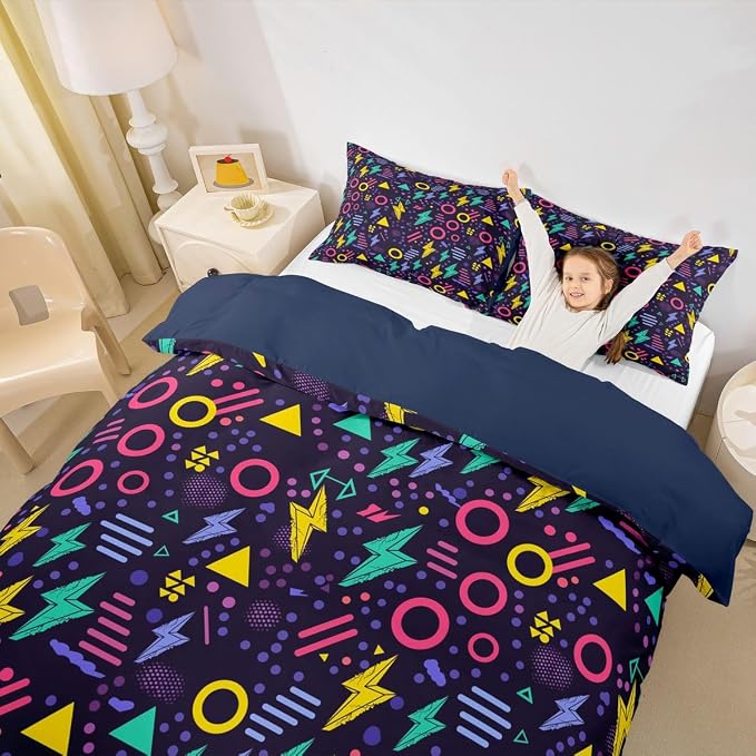 Memphis Style Duvet Cover Full Abstract Colorful Design with Dots Funky Bedding Set for Kids Child Girls Vintage Eighties Comforter Cover Memphis Fashion Bed Sets 80'S Style Retro 1980s Home Decor