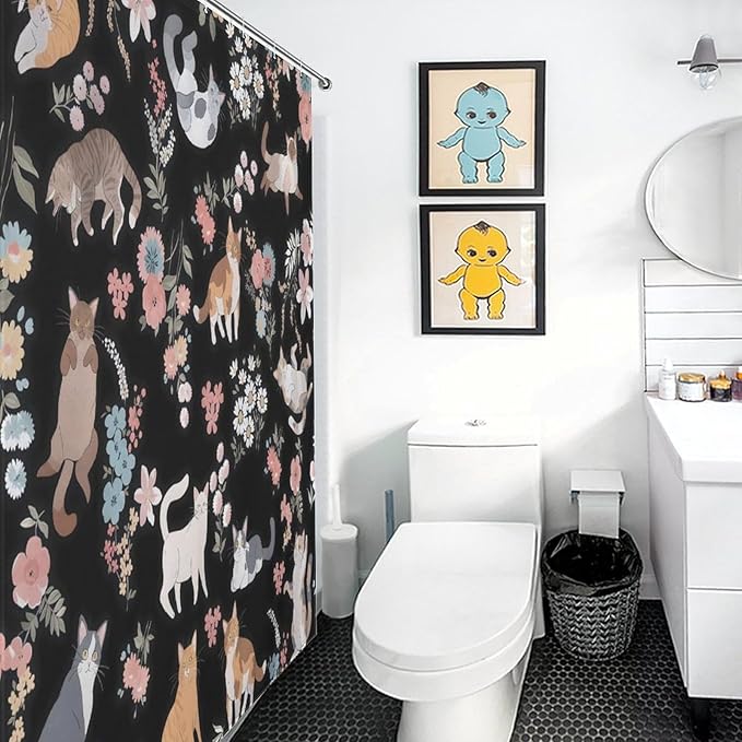 Cat Shower Curtain,Watercolor Black Floral Garden Funny Animals Bathroom Curtain Polyester Waterproof Fabric Decor 72x72in（183x183cm）