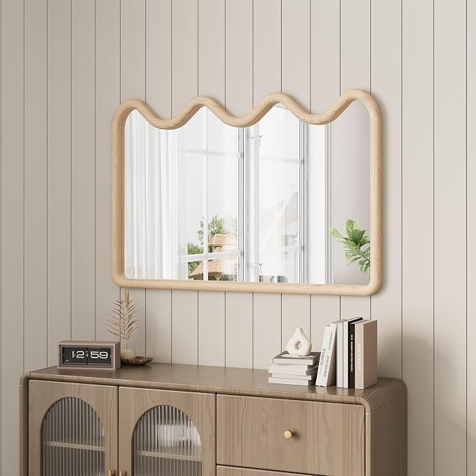 ULIKE Wavy Mirror for Wall, Rustic Wood Mirror for Bathroom Vanity, 24x36 Wooden Wall Mirrors Decorative for Bedroom, Living Room, Entryway, Natural