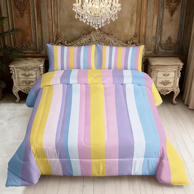 Rainbow Stripe King Size Comforter Sets 3 Piece, Colorful Stripes Printed Pattern, Soft All Season Bed Comforter & 2 Pillow Sham, Kids Striped Bedroom Decor Reversible Bedding D-GM15