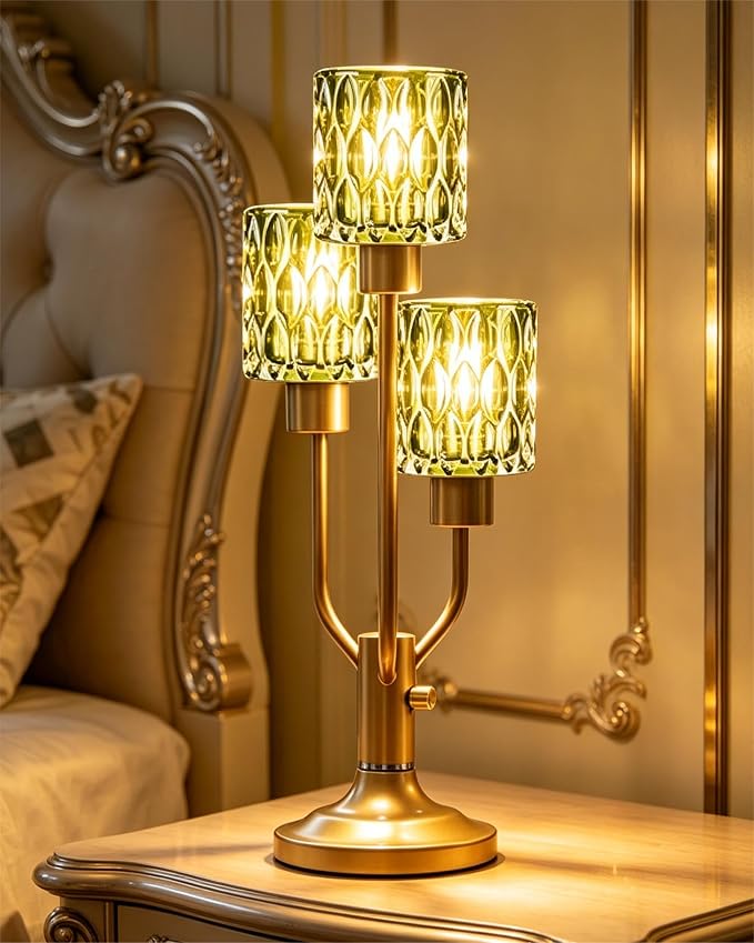 Lightdot Mid Century Modern Table Lamp for Living Room Dimmable Nightstand Lamp Gold Vintage Desk Lamp Green Glass 3 Bulbs Included Warmwhite Ambient Bedside Lamp for Bedroom Home Office Decor Gift