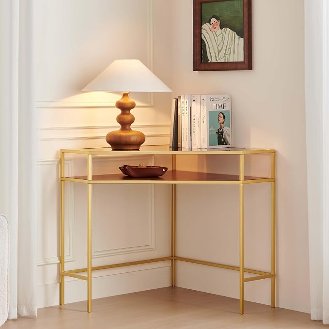 LumFurn Corner Table for Small Space, Triangle Computer Desk for Living Room, Bedroom, Workstation, Office, 2-Tier Structure, Amber Glass Top and Walnut Shelf with Gold Finish Frame